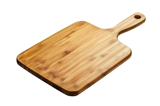 Wooden cutting board with handle isolated on transparent background. Bamboo cutting board with handle isolated on white background.