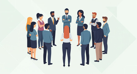 A diverse group of people in business attire stand in a circle, discussing ideas.