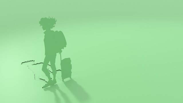 Woman silhouette. Young female traveler walking with baggage goes on vacation. Concept of an urban transportation and travel or lifestyle blogs. Paper cut style. 3D render. - Powered by Adobe