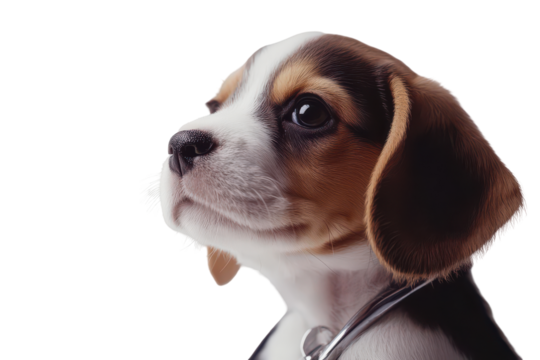 Adorable beagle puppy profile portrait isolated on transparent background. Beagle puppy isolated on white background.