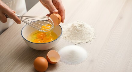 Close-up of a person cracking eggs into a bowl with flour and sugar, ingredients for baking on a light wooden surface.