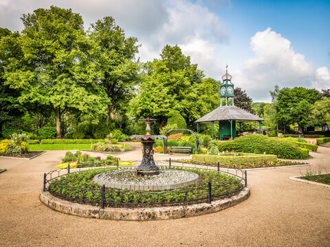 Hall Leys Park in Matlock, Derbyshire, a public park in the centre of town. The shelter with clock tower is an old tram stop which was saved and re-sited.