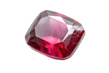 Single faceted ruby gemstone isolated on transparent background. Stunning gemstone features a vibrant red hue and exceptional clarity isolated on white background.