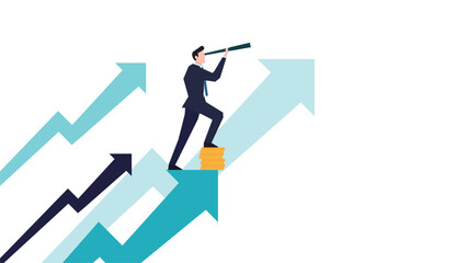 上昇矢印の上で望遠鏡を使って未来の目標を見据えるビジネスマン（白）　A businessman using a telescope to look toward future goals (white)