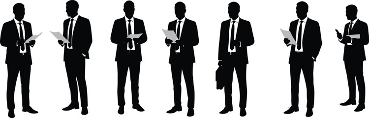 Silhouettes of business men in suits holding documents, reading papers, discussing ideas, teamwork collaboration concept, professional corporate meeting, vector illustration