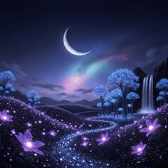 Enchanting Mystical Dreamscape Under a Crescent Moon