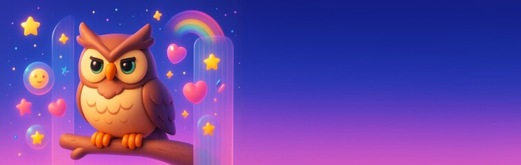 Cute cartoon owl on branch with rainbow, hearts, stars and dreamy gradient background with space for design or text on right side. Ai generative