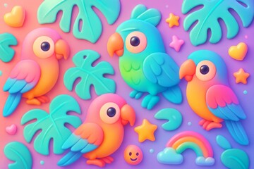 Colorful cartoon parrots surrounded by tropical leaves, hearts, stars, rainbow, and abstract shapes on a soft gradient background. Ai generative