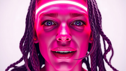 A single person, a horror model with black makeup, has a screaming expression on her face, showing her teeth and mouth in fear