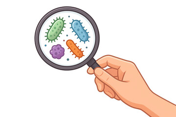hand holding magnifying glass. A magnifying glass is zooming in on an animation of viruses and bacteria. health concept
