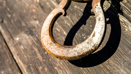 Ornate rusted metal handle on weathered wood