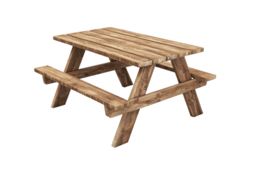 Rustic wooden picnic table with attached benches isolated on transparent background. Charming wooden picnic table with a simplistic and cozy design isolated on white background.