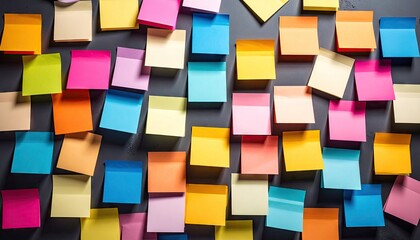 Multicolor Sticky Notes Arranged on Dark Background with Diffused Light Bright and Cheerful Office Ambiance Colorful Background