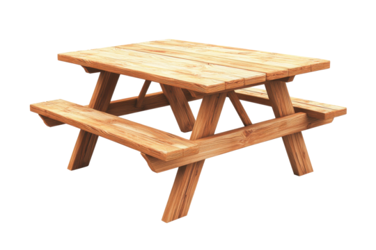Rustic wooden picnic table with attached benches isolated on transparent background. Charming wooden picnic table with a simplistic and cozy design isolated on white background.