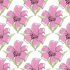 Flat seamless pattern with lily flower Purple Hand Draw Vector Ilustration - minimalist style