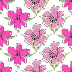 Flat seamless pattern with lily flower Purple Hand Draw Vector Ilustration - minimalist style