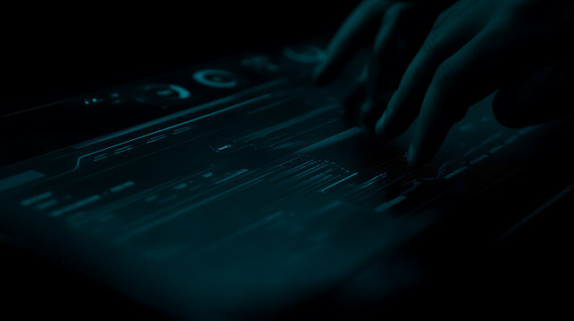 Hands typing on a keyboard with glowing interface in a dark environment
