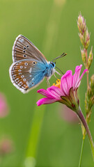 Obraz premium Blue brown butterfly on pink flower image