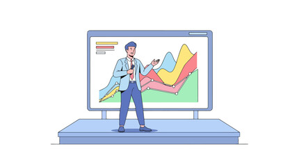 Animated Business Presentation with Dynamic Graph Display and Professional Speaker. Ideal for showcasing corporate strategy, financial analysis, or business development concepts.
