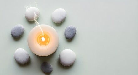 Overhead shot of a lit candle surrounded by smooth spa stones on a soft green background, evoking a sense of calm, wellness, and relaxation ideal for spa or meditation themes.