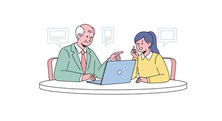 Business Meeting Illustration Featuring a Senior Executive Mentoring a Young Professional Using a Laptop, Suitable for Corporate Training and Development Materials