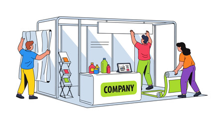 Trade Show Booth Setup Illustration Showcasing Event Preparation and Promotional Marketing, Ideal for Business Events, Corporate Presentations, and Trade Fair Promotions