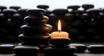 Zen stones stacked with a lit candle in a spa setting, creating a peaceful ambiance, perfect for relaxation, meditation, and wellness themes, promoting tranquility and balance in life.