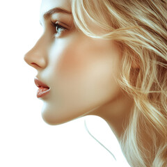 Fototapeta premium Close up profile of a young woman with blonde hair isolated on transparent background. Close-up profile side view of a beautiful blonde woman isolated on white background.