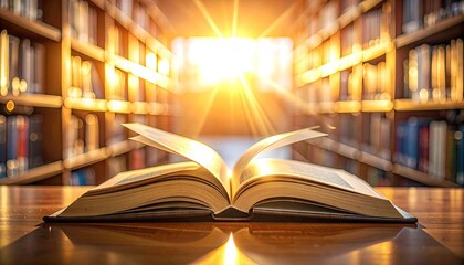Fototapeta premium Open Book on Wooden Table with Blurred Bookshelves and Sunlight Streaming Through Window in Library