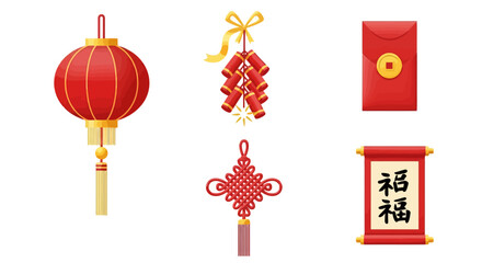 Traditional Chinese New Year Decorations Featuring Lanterns, Firecrackers, Red Envelopes, and Scrolls, Ideal for Cultural Celebrations and Design Projects