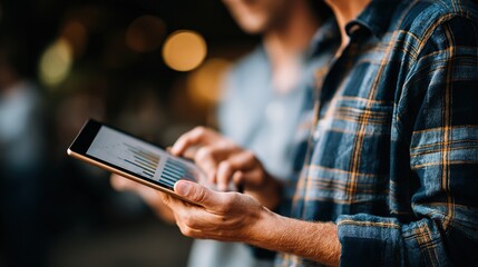 Businessmen Analyzing Data on Tablet with Graphs in Outdoor Setting