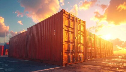 Obraz premium Orange Shipping Containers Arranged in Rows Under Sunset Sky at Port Cinematic Shot