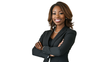 Confident businesswoman with arms crossed isolated on transparent background. Business woman in suit with arms crossed and smiling isolated on white background.