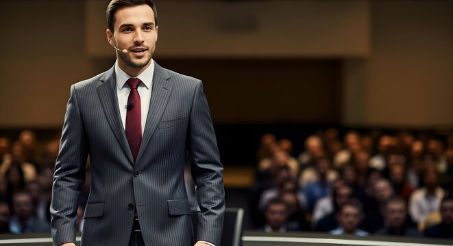 Confident businessman captivating audience with engaging presentation in formal conference hall inspiring success