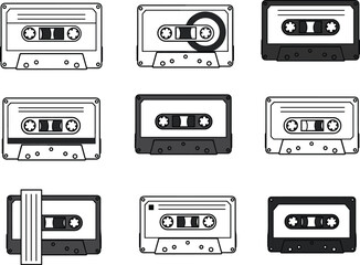 Vintage audio cassette tape collection in various styles, retro music vector set, black and white graphic illustration, isolated nostalgic recording media icons
