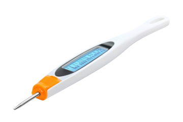 Digital thermometer with illuminated screen isolated on transparent background. Digital medical thermometer with an LCD display designed isolated on white background.