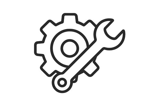 Gear and wrench line icon for settings or configuration. Maintenance and repair service symbol. Technical support and workshop sign. Engineering and industry pictogram vector.