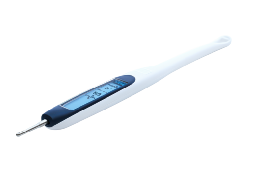 Digital thermometer with illuminated screen isolated on transparent background. Digital medical thermometer with an LCD display designed isolated on white background.