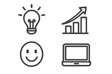Business icons set for success. Idea lightbulb, growth chart graph, happy customer face, laptop. Thin line symbols for startup, marketing, finance, technology, infographic.