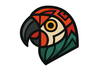 Stylized geometric parrot head illustration. Vector icon of a tropical bird. Abstract macaw logo design concept. Exotic wildlife art with a modern, tribal mosaic pattern.