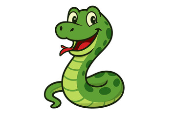 Naklejka premium Cute green snake cartoon character. Happy smiling reptile mascot. Funny wild animal vector illustration. Isolated on white background. Adorable serpent for kids design.