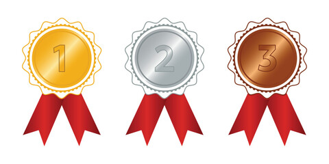Gold, Silver, and Bronze Medals with Red Ribbons Vector Illustration 