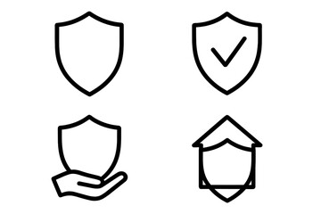 Shield Defense Protection Insurance Minimalistic Outline Web Line Icons Set. Security Secure Safety Hand House Checkmark Symbol. Vector Linear Graphic Design for Apps Banners Social Media Cards