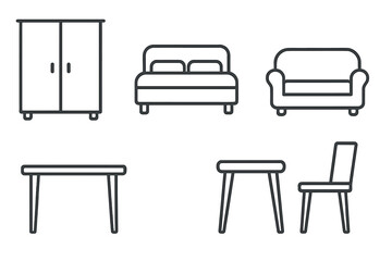 Furniture line icon set. Collection of outline signs for apps and web. Wardrobe, bed, sofa, table, chair symbols. Minimalist pictogram for infographics and UI design. Vector.