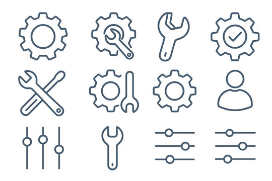 Gear wrench settings icon set. Thin line editable stroke. Web development service tools. Cogwheel adjustment, maintenance, customization, profile user, control panel, app management icons.