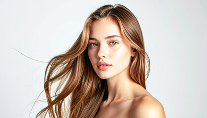 Naklejka premium Photorealistic portrait of a woman with long shiny hair, natural beauty, soft skin, freckles, and clean studio lighting on white background.