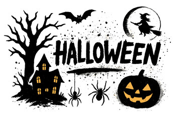 Grunge Halloween lettering poster design elements. Spooky cartoon vector set with haunted house, witch, bat, spiders and jack o'lantern. Spray paint silhouette stencil collection.