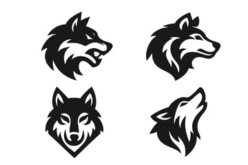 Set of four wolf head logos. Vector illustration for brand identity. Wild animal mascot icon collection for esport team or company. Angry, howling and calm wolf silhouette design.