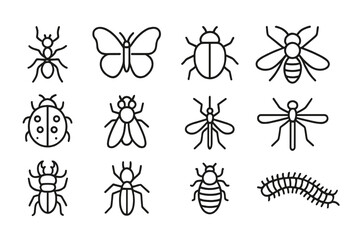 Insect bug line icon set. Vector collection of ant, butterfly, beetle, bee, ladybug, fly, mosquito, centipede. Minimal outline pictogram with editable stroke for web design.