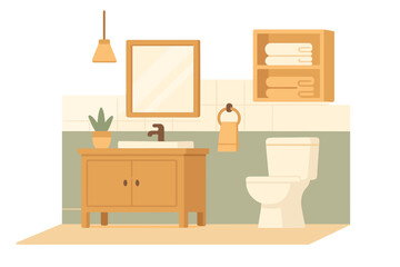 Obraz premium Modern bathroom interior in Scandinavian style. Cozy home restroom design with wooden furniture, sink, toilet, mirror, and shelf with towels. Flat vector illustration scene.